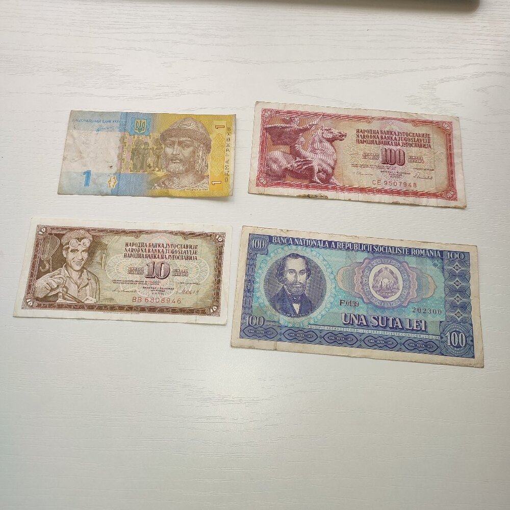 Vintage Home Art Prints - Blue, Yellow, Red, Brown Banknote Collage